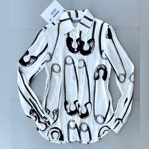 NWT! Moschino Couture Safety Pin Print Silk Blend Blouse in Black & White Size 4